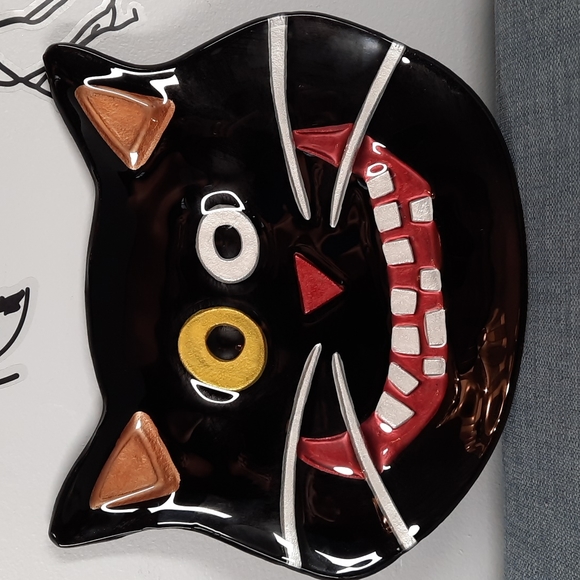 Whimsical Black Cat Face Plate Platter Candy Dish Serveware Halloween *A… - Picture 1 of 4